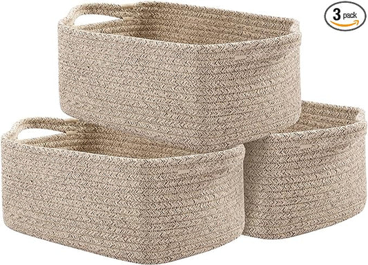 OIAHOMY Cotton Rope Baskets, Woven Baskets for Storage, Nursery Storage Baskets, Rectangle Storage Basket with Handles, Storage Baskets for Shelves, Pack of 3, Brown Variegated