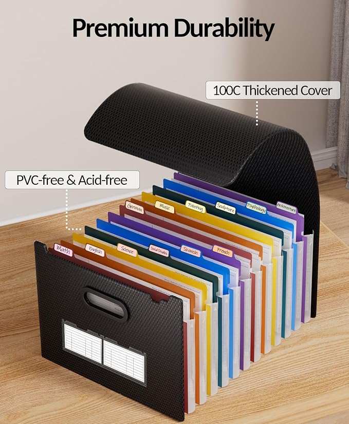 Sooez Accordion File Organizer, 13-Pocket Expanding File Folder Letter Size | Deeper 13-Pocket Keep Index Tabs Visible, Thickened Cover, Monthly Bill Paper Receipt Document Organizer, Home Office School