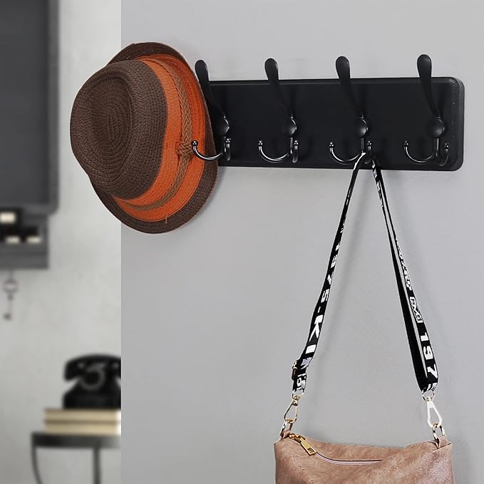 Coat Rack Wall Mounted - 5 Tri Hooks, Heavy Duty, Wooden Wall Coat Hanger Coat Hook for Clothes Hat Jacket Clothing, Black
