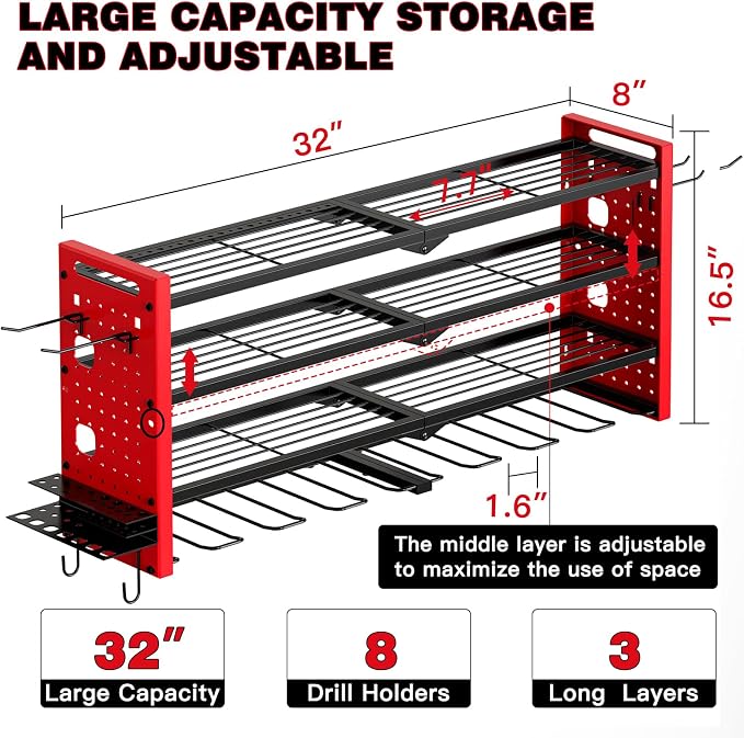 NattyDot Power Tool Drill Holder Wall Mount, 4Tier Garage Organizer, Red | 4-tier Utility Rack Stores 8 Cordless Drills, Batteries and Accessories while Freeing Extra Garage Wall Storage Space