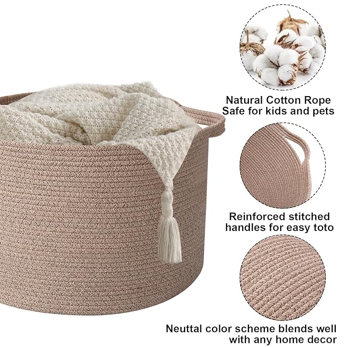 65L Large Blanket Basket,Woven Rope Laundry Basket-Brown | Collapsible, reinforced handles, nursery storage bin organizes clothes, toys and pillows for living room, bedroom bathroom.