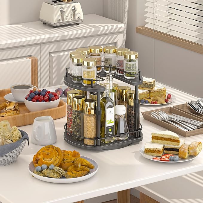 Across-Star Lazy-Susan-Spice-Rack -Organizer For Cabinet With Adjustable Height, 12 inch Rotating Seasoning Holder Spice Organization For Pantry, 2-Tier Kitchen Counter Shelf Countertop Organizer