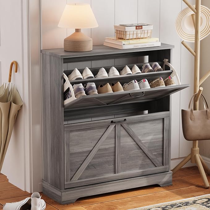 Semiocthome Farmhouse Shoe Storage Cabinet with 2 Flip Drawers, 31.5"(W) Freestanding Shoe Organizer with Barn Door and Metal Handles for Entryway, Rustic Narrow Slim Shoe Rack Cabinet - Washed Gray