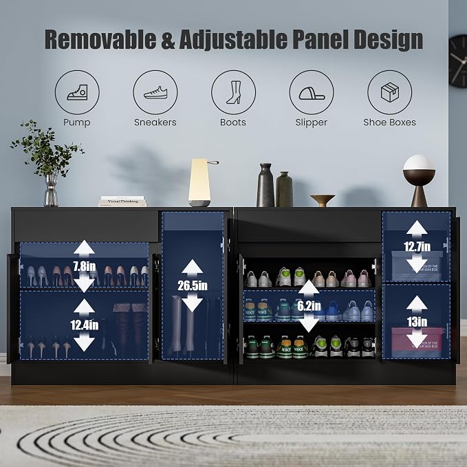 Housoul 39.4" W Shoe Storage Cabinet with 3 Doors & Drawer, Black | Freestanding Modern Shoe Cabinet with Drawer & Adjustable Shelves, Wooden Shoe Organizer Cabinet for Entryway, Hallway
