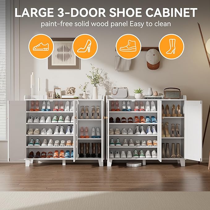 Shoe Storage Cabinet with 3 Doors and Adjustable Shelves，40 Inch Tall Farmhouse Flat-Shelf Wooden Shoe Cabinet，Shoe Rack Shoe Organizer Cabinet for Hallway Entryway Living Room （White）