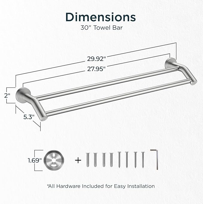 FORIOUS Double Towel Bar 30", Bathroom Towel Holder Rod Brushed Nickel | Heavy Duty Towel Racks for Bathroom Bedroom, Space Saving, Rustproof, Stainless Steel Towel Holder, Total Length 32 Inch