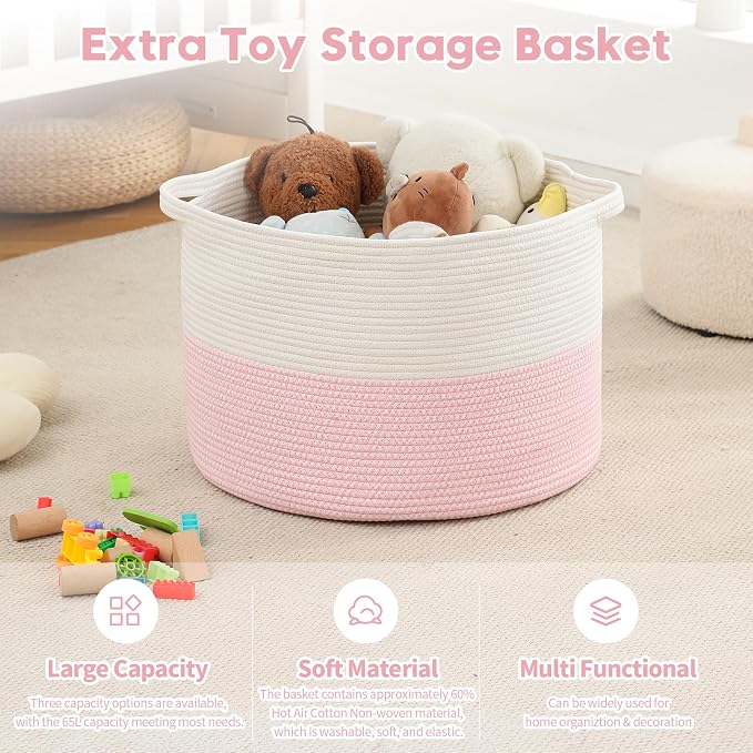 Foldable Laundry Hamper Basket with Collapsible Handle Cotton Rope Soft Woven Fabric Storage Organizer Clothes Toys Nursery Bedroom Dorm Space Saving Bin (White & Pink, 115L(23.6"D x 15.7"H))