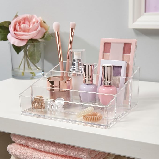 STORi Clear Plastic Small Countertop Vanity Makeup Organizer, Compact Rectangular 4-Compartment Holder for Brushes, Eyeshadow Palettes, & Beauty Supplies, Made in USA (Pack of 2)