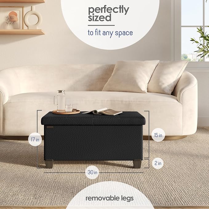 Storage Ottoman Bench with Bins, 30-in Storage Bench for Bedroom End of Bed, Folding Foot Rest Ottoman for Living Room Max 660lbs, Faux Leather Ottomans, Black