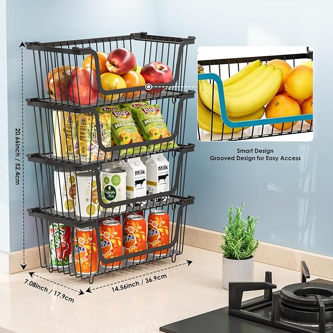 GAOKASE 4 Pcs Stackable Wire Baskets for Pantry Organizers and Storage,Vegetable Fruit Basket for Countertop,Kitchen Storage Metal Baskets,Produce Potato Onion Storage Bin-Black