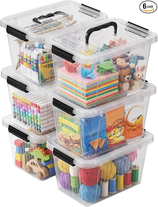 Citylife 7 Qt Clear Plastic Storage Bins with Lids and Handle Small 6 Pack | Stackable See-Through Craft Storage Box Latches Durable Containers Secure Pull Handle Organizing for Home Kitchen pantry