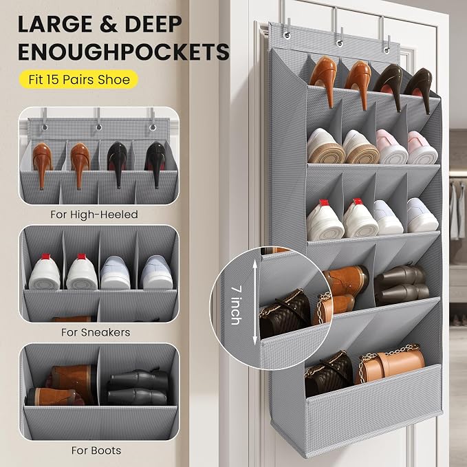 Mefirt Over the Door Shoe Rack for Closet Fit 18+ Pairs, Door Shoe Organizer with Large Breathable Pockets, Hanging Shoes Rack Fit Boots, Behind the Door Shoe Holder for Categorized Storage, Grey ﻿