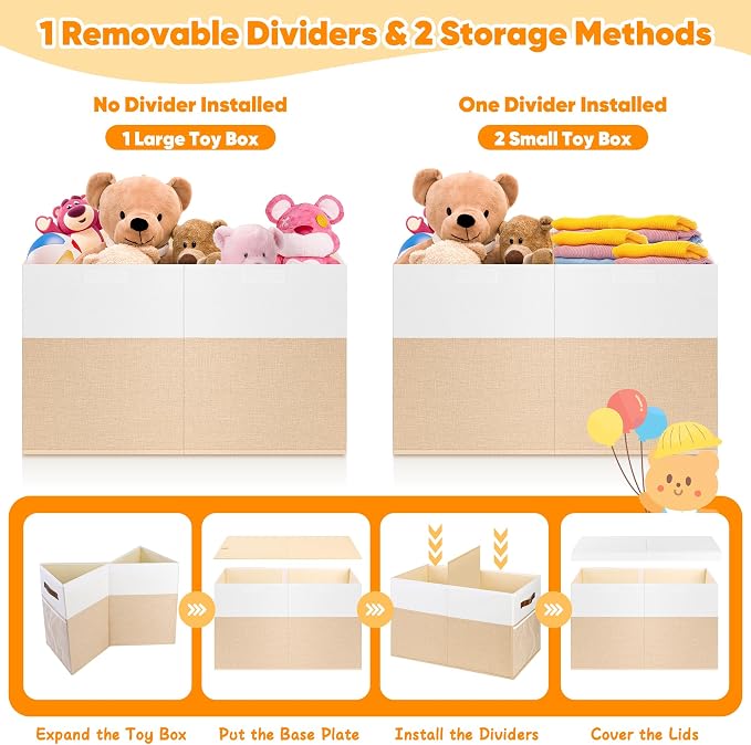 Large Toy Bins Box, Collapsible Storage Chest With Lids, 25"x13"x16" | Sturdy Kids Toy Storage Box with 2 Pockets and Dividers for Boys Girls, Bedroom & Living room Organization, White & Beige