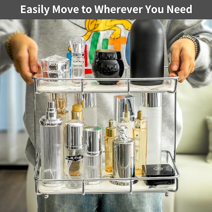 Bathroom Organizer Countertop Perfume Organizer Makeup Organizer Cosmetics Storage Display Rack Vanity Tray Dresser Stainless Steel Gold Shelf White Marble Ceramic Tray (2 Tier L-Sliver) | Perfume Organizer
