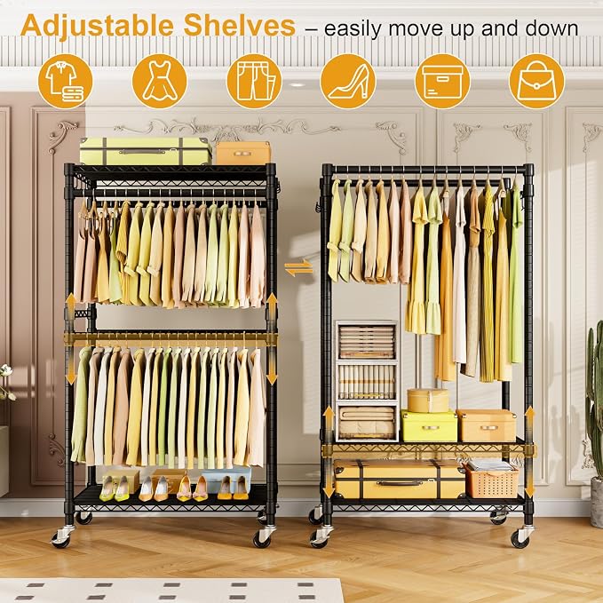 ULIFHOME P4 Rolling Clothes Rack, Clothing Racks for Hanging Clothes, Black | Heavy Duty Garment Rack with Wheels, 2-Tier Free Standing Portable Closet Racks 35.5''W × 20.5''D × 80.5''H, Max Load 560Lbs