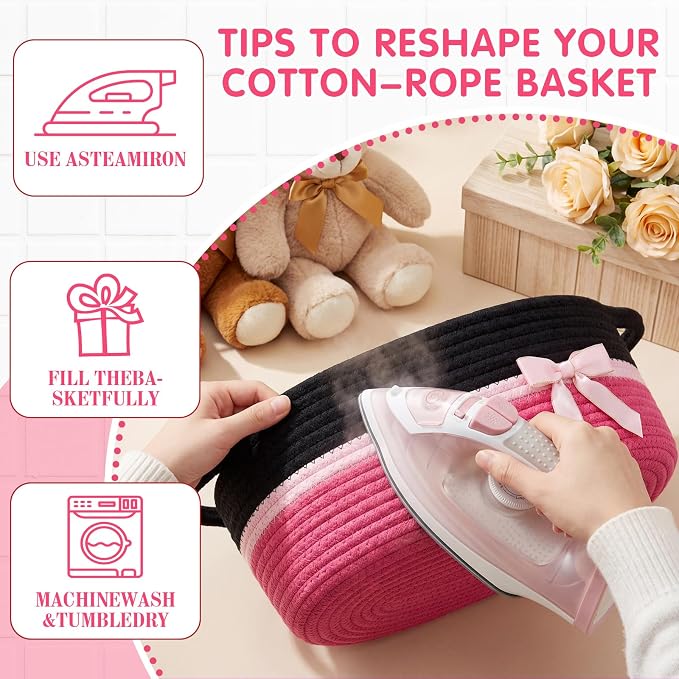 Colingmill 1 Set Woven Empty Basket for Gift,Black Hot Pink | with Cellophane Wrap Set, 14 x 10 x 5.5 Inch, Medium Decorative Gift Basket, Cotton Rope Storage Box, Home Decor