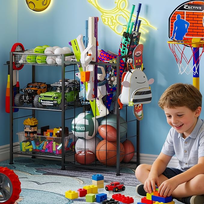 Sports Equipment Organizer, Ball Storage Rack with Elastic Straps and Removable Basket for Garage Organization, Garage Organizer with Hooks for Toy Sports Gear Storage, Sports Ball Storage Cart, Black