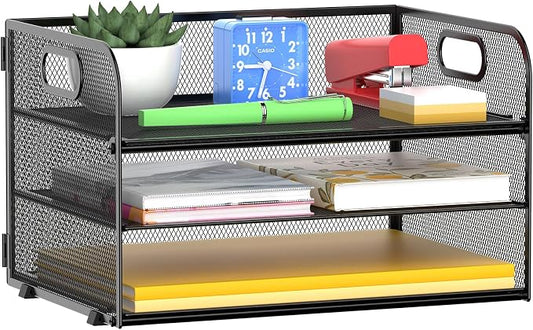 MINDEPOT 3 Tier Paper Organizer Tray with Handle, Mesh Letter Tray | 3 Tier Mesh Letter Tray for Office, Home, School, Black
