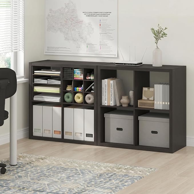 Furinno Cubicle Book Shelf Set of 2, 4-Cube Bookshelf, Black Dark Oak | 14.6 x 30 x 30, 1.2" Thick Frame Bookcase with Reversible Open Back, for Living Room, Bedroom, Home Office