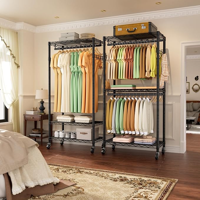 Golpart Heavy Duty Rolling Clothes Rack Wheels Portable Metal Garment Rack | Wardrobe Adjustable Wire Shelving Metal Double Clothing Racks for Hanging Clothes Organizer Closet Laundry Room Organization