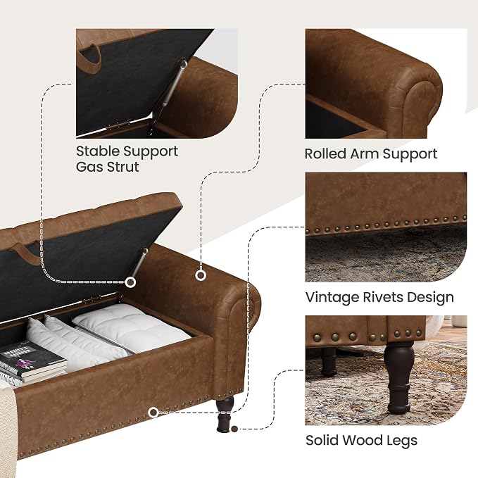 YOUDENOVA 60" Entryway Bench with Storage, PU Leather End of Bed Bench with Tufted Button, Upholstered Ottoman Bench with Rolled Arms for Living Room, Storage Room, Bedroom, Brown