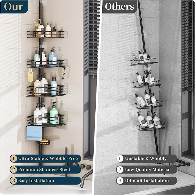 Consumest Corner Shower Caddy Tension Pole - Rustproof Shower Shelves with Towel Bar & Soap Holder, Adjustable Bath Organizer for Bathroom Storage, 27.6-108.3 inch, Black