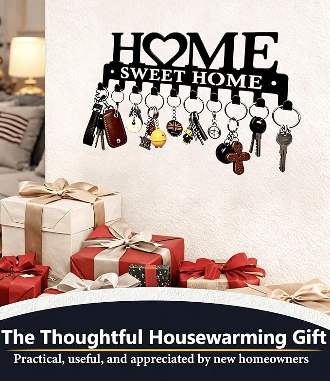 Key Holder Hooks Organizer Hanger Rack Wall Mounted Sweet Home Metal Decor Stylish and Practical for Entryway Front Door Kitchen Hallway Garage Mudroom Office Hardward Included Black (Sweet 10 Hooks)