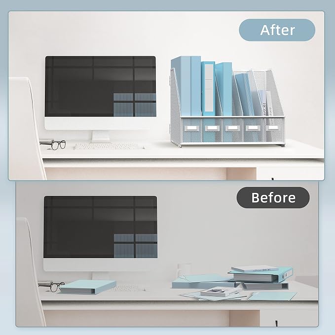 SUPEASY Desk Organizers Metal Desk Magazine File Holder with 5 Vertical Compartments Rack File Organizer for Office Desktop, Classroom, Home Workspace, White