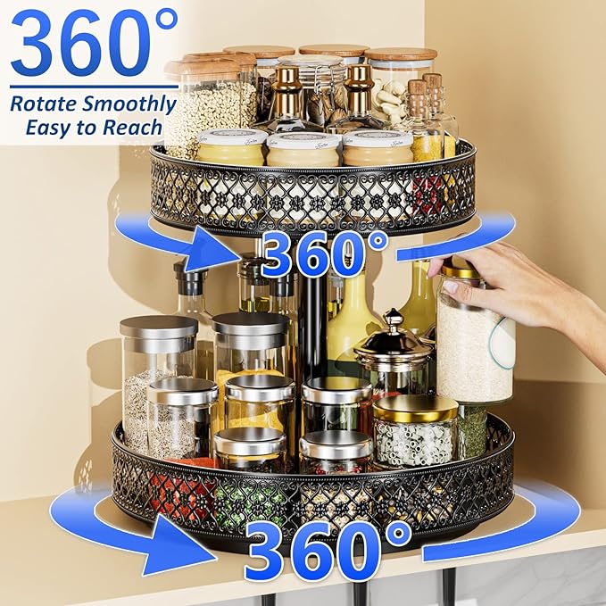 2 Tier Lazy Susan Organizer - Adjustable Rotating Spice Rack 12 inch | Floral Turntable Lazy Susan for Cabinet Pantry Kitchen Countertop Table Top Cupboard Bathroom Vanity Storage Metal Black
