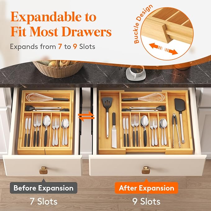 Lifewit Silverware Drawer Organizer, Wooden Utensil Tray for Kitchen | Expandable Flatware and Cutlery Holder, Adjustable Storage for Spoons Forks Knives, 12-21 x 17", Natural