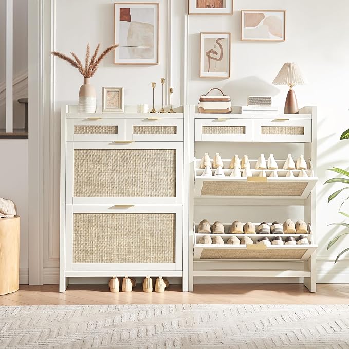 HOKYHOKY Rattan Shoe Storage Cabinet with 2 Drawers & 2 Flip Drawers | Hidden Slim Shoe Organizer, Farmhouse Boho Narrow Shoe Rack, Large Tabletop Space, Entryway, Rustic White