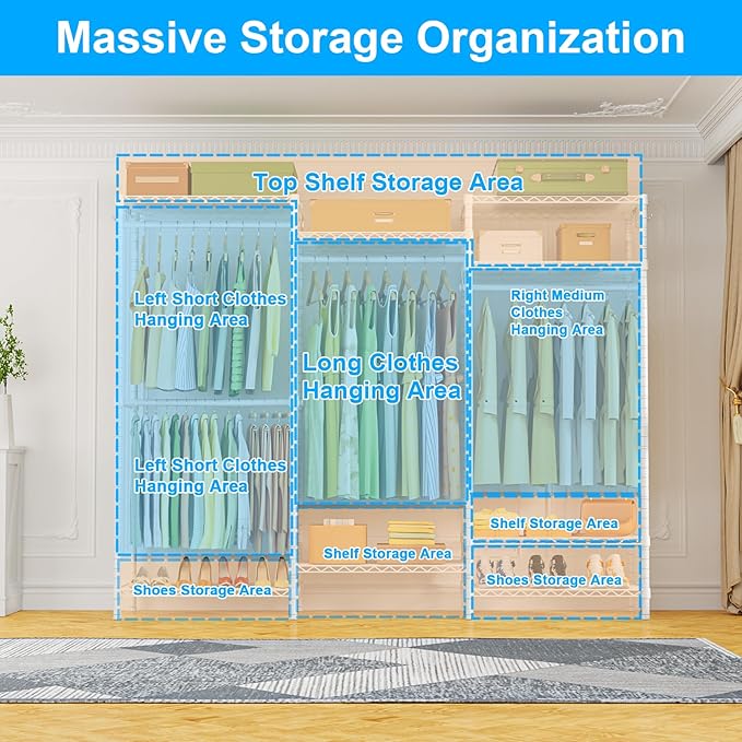 E13 Heavy Duty Clothes Rack（With 4 Hanger Rods & 8 Shelves） Freestanding Clothing Racks for Hanging Clothes，Adjustable Closet Organizer，Metal Garment Rack 63" W x16 D x77 H，Max Load 900LBS，White