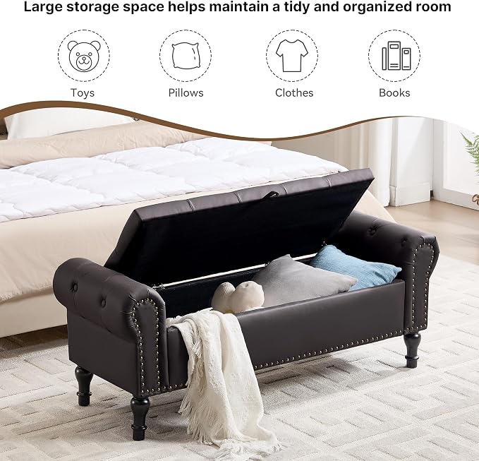 51" Storage Bench for Bedroom, Faux Leather End of Bed Bench, Queen Size Bench with Rolled Arms, Tufted Storage Ottoman Benches, Upholstered Bench for Bedroom, Living Room, Entryway, Dark Brown