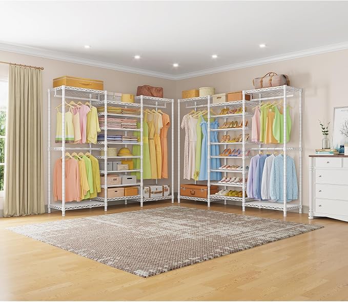VIPEK S3 Freestanding Clothes Rack with 8-Tier Shoe Shelves, White | Clothing Rack with 12 Metal Shelves & 3 Hanging Rods, Heavy Duty Closet Rack with 1060 lb Capacity, 68.9" x 15.7" x 76.4"
