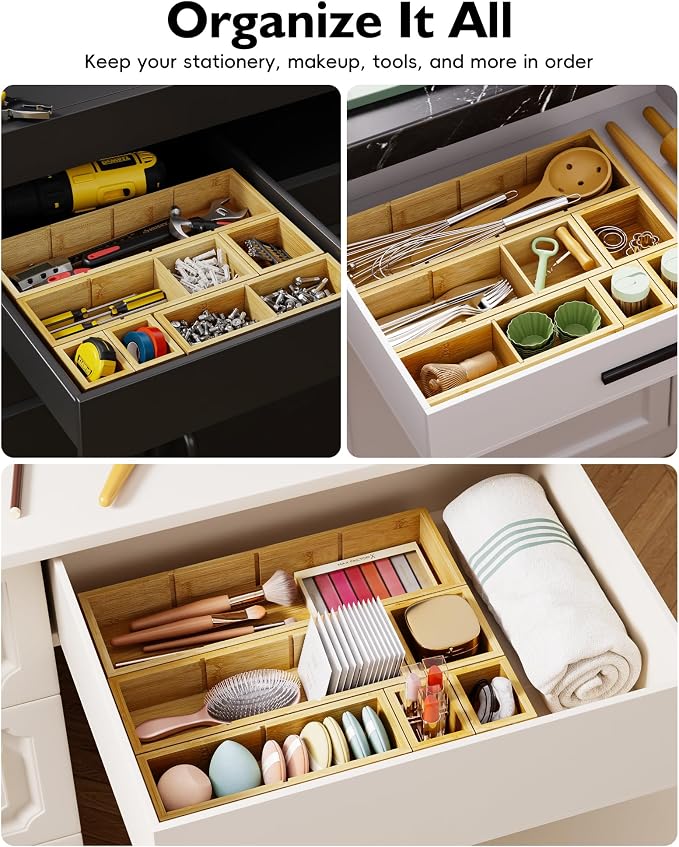 Bamboo Drawer Organizer Set, 6 PCS Desk Drawer Organizer Trays with 12 Compartments, Wood Storage Boxes for Junk Drawer, Kitchen Utensils, Office Supplies, Makeup, Jewelry, Bathroom