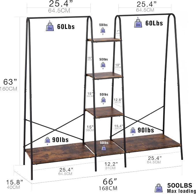 Finnhomy Clothes Rack for Hanging Clothes Freestanding Clothing Rack with 6 Wood Storage Shelves & 2 Rods Heavy Duty Garment Rack Portable Wardrobe Closet Organizer for Bedroom Closet Boutique,Rustic