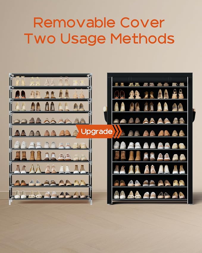 CASAMAYA Shoe Rack with Covers, 10 Tiers Tall Shoe Rack Organizer, Large Capacity Shoe Shelf Storage, Hold 50 Pairs of Shoes, Vertical Shoe Storage Organizer for Closet, Entryway, Black, SRT105B01