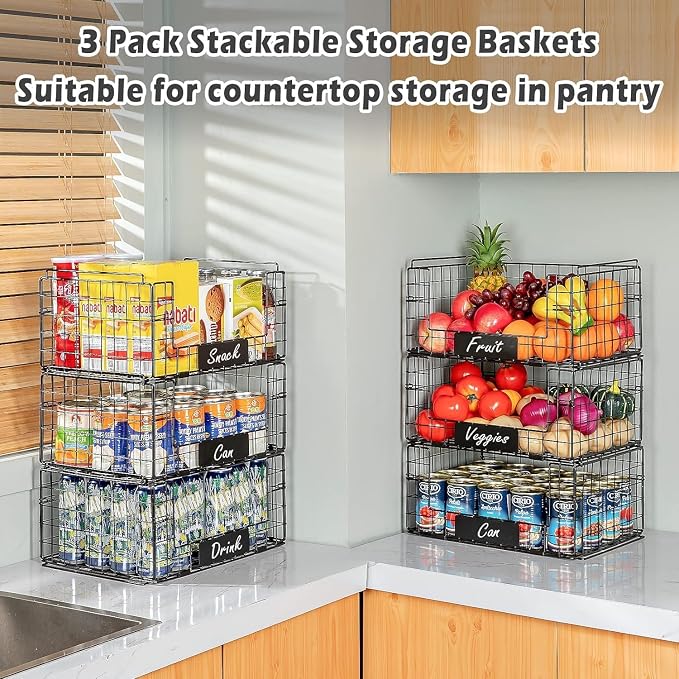 JKsmart 3 Pack XXL Stackable Wire Baskets, Pantry Organizers and Storage | Fruit Basket with Name Plates & Handles & Breathable Design, Muti-Purpose for Snack Rack & Metal Storage Bins & Can Organizer