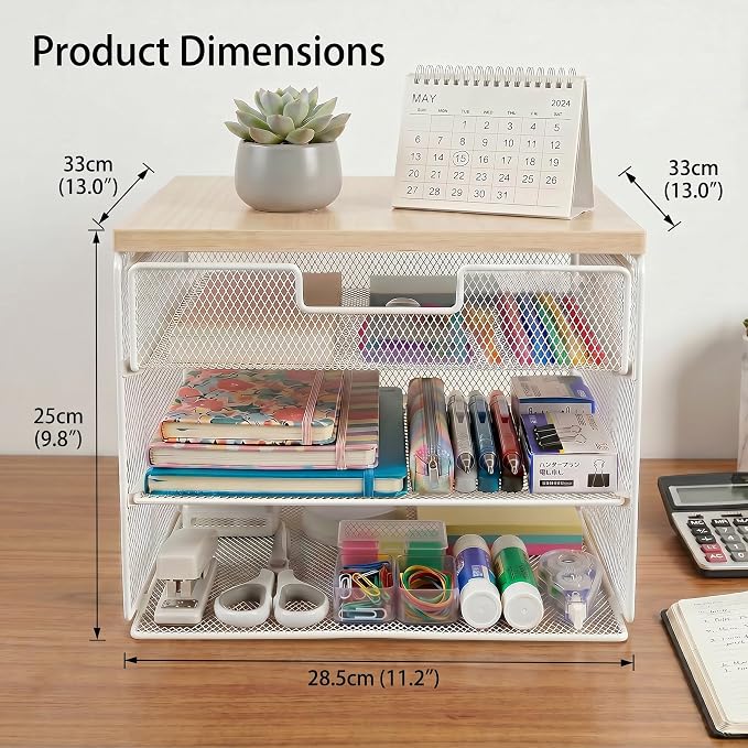 4-Tier Mesh Desk Organizer and Accessories with Drawer Wooden Top Desktop Organizers Letter Tray Paper Organizer File Holder for Home Office School White