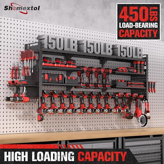 49.8" Power Tool Organizer Wall Mount,Holds 18 Cordless Drills | Large 4-Tier Tool Storage Rack, Heavy Duty 450 lb Load Capacity for Garage Workshop, Black, Gift for Men
