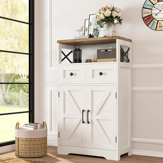 Farmhouse Storage Cabinet with Drawers, Small Kitchen Pantry Cabinet, White | Accent Coffee Bar Cabinet Cupboard, 2 Drawers, 2 Barn Doors & Adjustable Shelves, for Kitchen/Entryway/Living Room/Bathroom