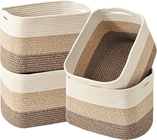 ICERZCZ Storage Baskets for Organizing & Shelves, Woven Cotton Rope Organization Bins for Dog Toys, Clothes, Books, Nursery Organizer, 15"Lx11"Wx9.5"H, (4 Packs) Gradient Brown