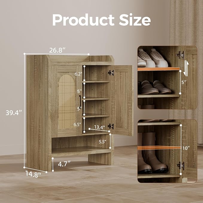 6-Tier Shoe Cabinet Storage for Entryway, Rattan Shoes Organizer Cabinets with Doors, Wooden Shoe Rack, Farmhouse Boho Wood Storage Cabinet (Natural, 6-Tier)