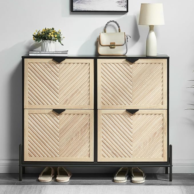 Shoe Cabinet with 4 Flip Drawers, Narrow Entryway Rack, Oak&Black | Slanted Wood Grain, Freestanding, Adjustable Compartments, Removable Middle Shelf, Metal Handles, for Hallway Foyer Entrance