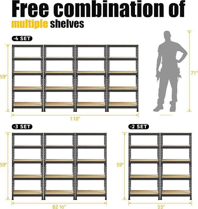 PrimeZone 5-Tier Garage Storage Shelves, Adjustable Metal Shelving, Black | Heavy-Duty Metal Frame & Connectors, FSC MDF Boards, Space-Saving Storage for Garage, Pantry, Closet, 28"W x 12"D x 59"H 5PCS