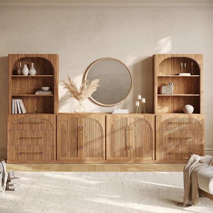 BELLEZE 6-Piece Modular TV Stand Set - 2 Sideboards with Drawers, 2 Double-Arc Wood Door Sideboards, and 2 Hutch Cabinets, Classic Modern Media Console with Adjustable Shelves for Living Room (Camel)