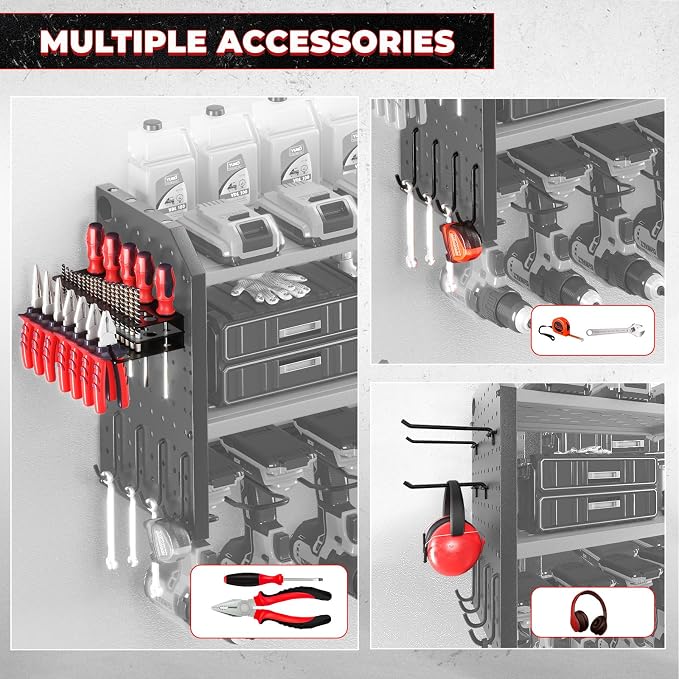 Power Tool Organizer with Charging Station, Built in 8 Outlet Power Strip, Large 8 Drill Holder Wall Mount, Heavy Duty Metal Power Tool Storage Rack Tool Shelf for Garage Organization Red