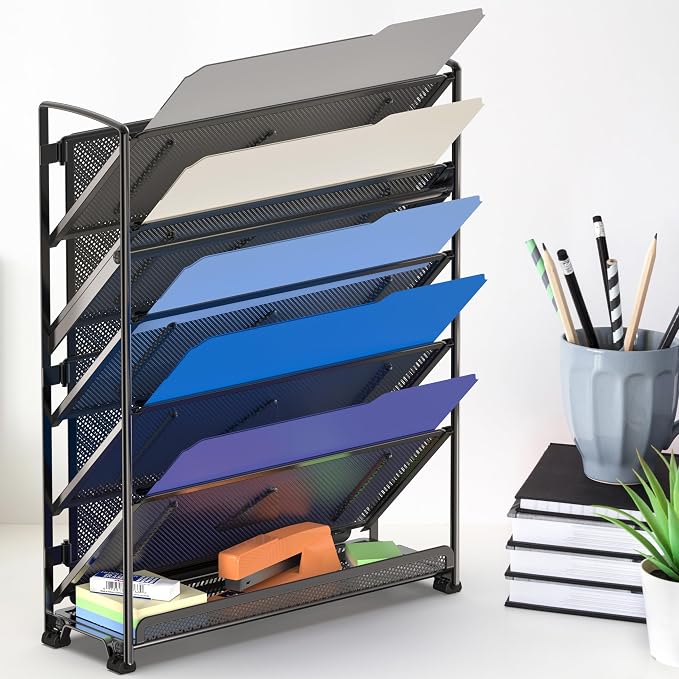 Simple Houseware 6-Tier Wall Mount Document Letter Tray Organizer, Black | 5 Tilted Trays + 1 Flat Bottom Tray, Wall Mount Hardware Included