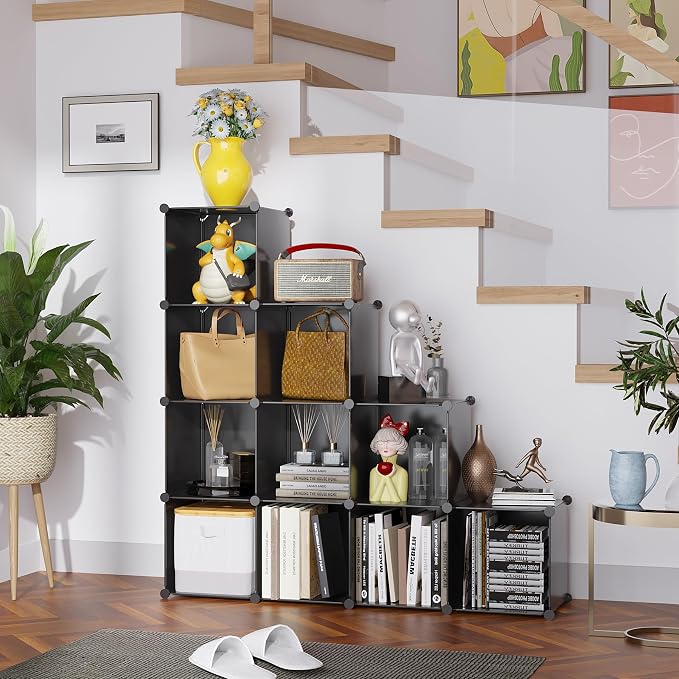 C&AHOME Cube Storage Organizer, 9-Cube Bookcase, Closet Cabinet Black | DIY Stackable Bookshelf, Plastic Modular Shelving Units Ideal for Home, Office, Kids Room, 36.6" L x 12.4" W x 48.4" H