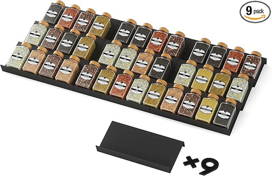 Spice Drawer Organizer, Spice Rack Tray for Kitchen Cabinet, Expandable Seasoning Storage Rack Insert for Drawer/Countertop,9 Pieces Set, ABS (Jars Not Included)